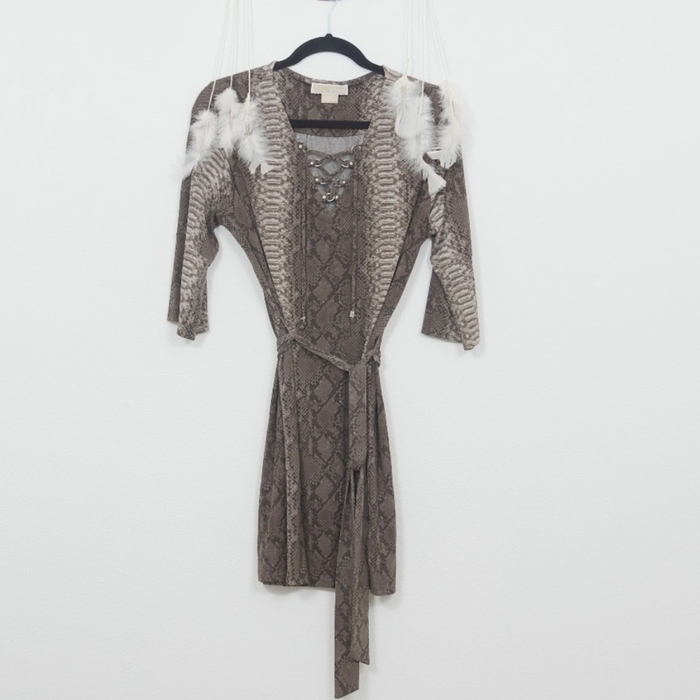 MICHAEL Michael Kors Snake Print Lace Up Long Sleeve Shift Mini Dress Size PM